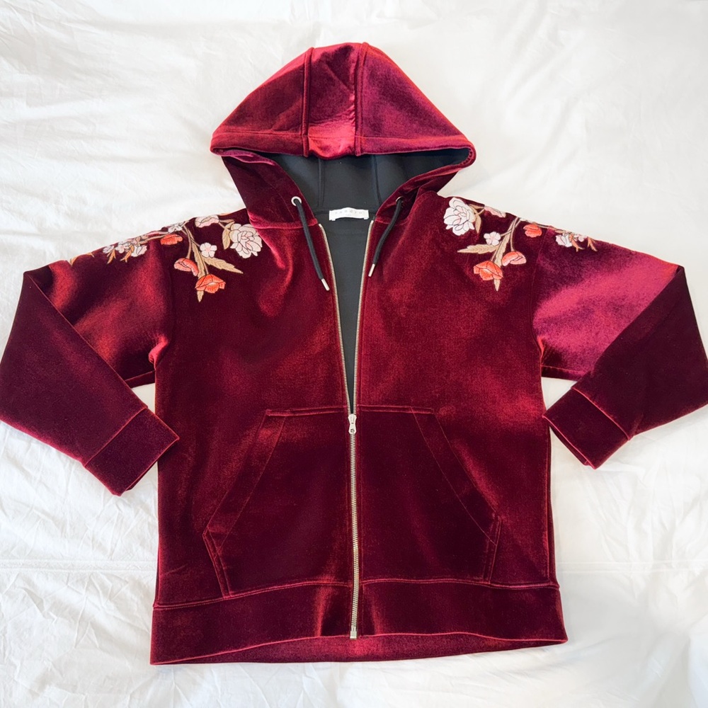 Sandro Velvet Floral Embroidered Thick Hooded Jacket
